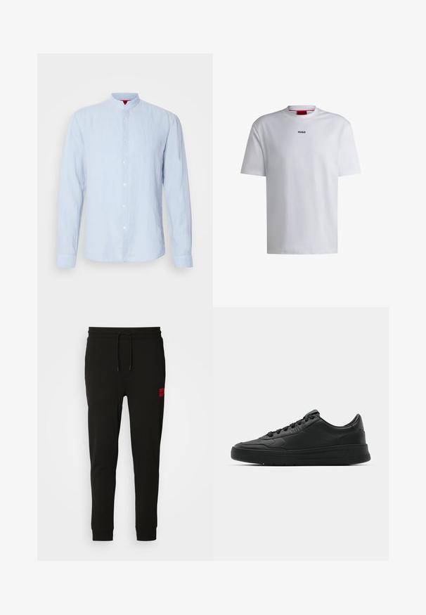Camisa de mangas compridas azul clara com colarinho elevado, feita de tecido texturizado, com fecho frontal por botões e punhos com botão.; T-shirt branca de algodão com mangas curtas, decote redondo e um logo preto "HUGO" no peito. Textura suave, corte casual, sem padrões.; Calças de treino pretas feitas de um tecido macio, com cintura elástica ajustável, ajuste slim e um emblema vermelho na coxa esquerda.; Sapatilha preta com parte superior em couro liso, bico arredondado, cadarços planos, colarinho almofadado e design minimalista. Sola de borracha com padrão de tração discreto.