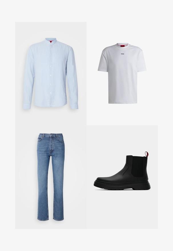 Jasnoniebieska koszula z długim rękawem i stójką, wykonana z teksturowanej tkaniny, z zapięciem na guziki z przodu i guziczkami przy mankietach.; Biała bawełniana koszulka z krótkimi rękawami, okrągłym dekoltem i czarnym logo "HUGO" na piersi. Gładka tekstura, luźny fason, bez wzorów.; Niebieskie dżinsy o wysokim stanie, prostym kroju nogawek i subtelnych przetarciach. Posiadają klasyczny pięciopakowy styl oraz zamek błyskawiczny.; Czarny botek za kostkę o gładkim wykończeniu, z elastycznymi bocznymi panelami i kontrastującą czerwoną pętelką, z grubą gumową podeszwą i zaokrąglonym noskiem.