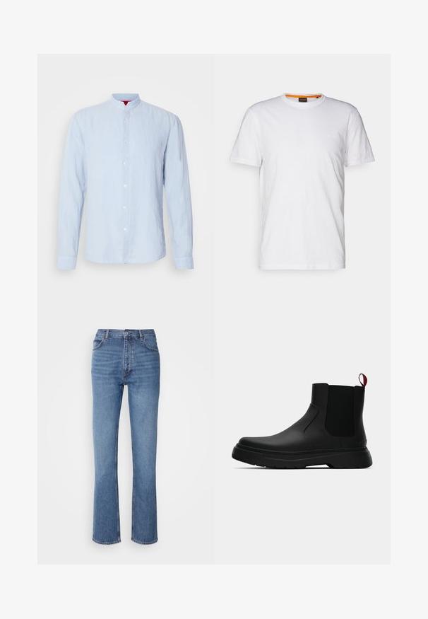 Cămașă albastru deschis cu mânecă lungă, cu guler în picioare, fabricată dintr-un material texturat, având închidere frontală cu nasturi și manșete cu nasturi.; Tricou alb din bumbac, cu guler rotund, mâneci scurte și un logo subtil embosat pe piept. Eticheta interioară are un accent portocaliu.; Jeans din denim albastru cu talie înaltă, design cu picior drept și decolorare subtilă. Prezintă un stil clasic cu cinci buzunare și închidere prin fermoar.; Botine negre până la gleznă, cu un finisaj neted, panouri laterale elastice și un tab de prindere roșu contrastant, având o talpă groasă din cauciuc și vârf rotunjit.