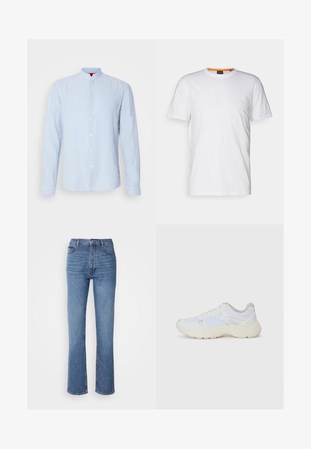 Lichtblauw overhemd met lange mouwen en een staande kraag, gemaakt van textuurstof, met een sluiting aan de voorkant met knopen en knoopmanchetten.; Witte katoenen T-shirt met ronde hals, korte mouwen en een subtiel reliëflogo op de borst. Het binnenlabel heeft een oranje accent.; Blauwe denim jeans met een hoge taille, een recht pasvorm en subtiele vervaging. Kenmerkt zich door de klassieke vijf-pocketstijl en een ritssluiting.; Witte sportief schoenen van mesh en suede, met een gestructureerde tussenzool, gestructureerde accenten en het "HUGO" logo aan de zijkant.