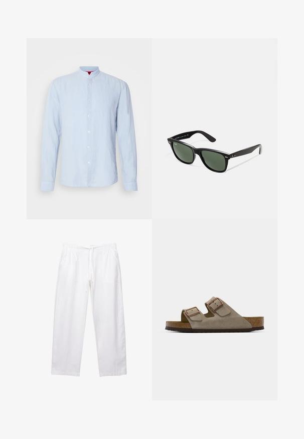 Jasnoniebieska koszula z długim rękawem i stójką, wykonana z teksturowanej tkaniny, z zapięciem na guziki z przodu i guziczkami przy mankietach.; Białe, luźne spodnie wykonane z lekkiego materiału. Posiadają elastyczny pas ze sznurkiem oraz dwie boczne kieszenie.; Zamszowe klapki w jasnoszarym kolorze z dwoma regulowanymi klamrami, korkowym śródstopiem i teksturowaną gumową podeszwą.; Czarne plastikowe okulary przeciwsłoneczne z zielonymi szkłami, kwadratowe oprawki, srebrny akcent na brwi oraz fakturowane ramiona temple. Nazwa marki podana na wewnętrznej stronie ramion.