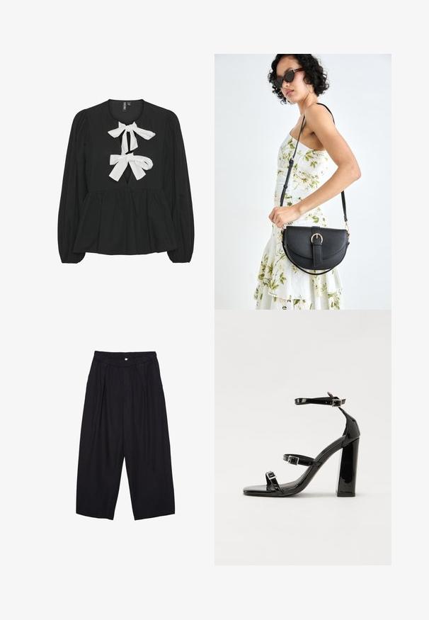 Čierny top s plisovaným dizajnom, s dlhými puff rukávmi a dvoma bielymi mašľami na výstrihu. Mäkký materiál a otvorený predný detail.; Čierne polyesterové culotte nohavice s elastickým pásom, dvoma prednými záhybmi a voľným strihom. Žiadne viditeľné vzory ani detaily z kovu.; Čierne lakované sandále na podpätku so štvorcovou špičkou, navlečenými remienkami okolo členku a striebornými prackami. Disponujú masívnym blokovým podpätkom pre stabilitu.; Čierna kožená kabelka s zaobleným tvarom, odnímateľným popruhom a zlatými doplnkami. Kabelka má klopu s detailom s prackou.