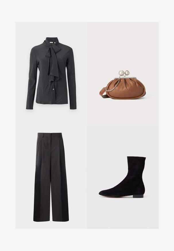 Blusa gris oscuro con cuello atado, mangas largas y cierre frontal de botones. Hecha de una tela suave con un ligero brillo.; Pantalones de pierna ancha negros con cintura alta, que presentan pliegues en la parte delantera, una textura suave y un acabado a medida. Diseñados para un ajuste relajado.; Botín de ante negro con caña ajustada, punta afilada y tacón bajo en bloque. Textura suave y diseño minimalista, adecuado para un estilo versátil.; Bolso de mano de cuero marrón con cierre de bola plateada y un pequeño detalle de cadena plateada sobre un fondo blanco.