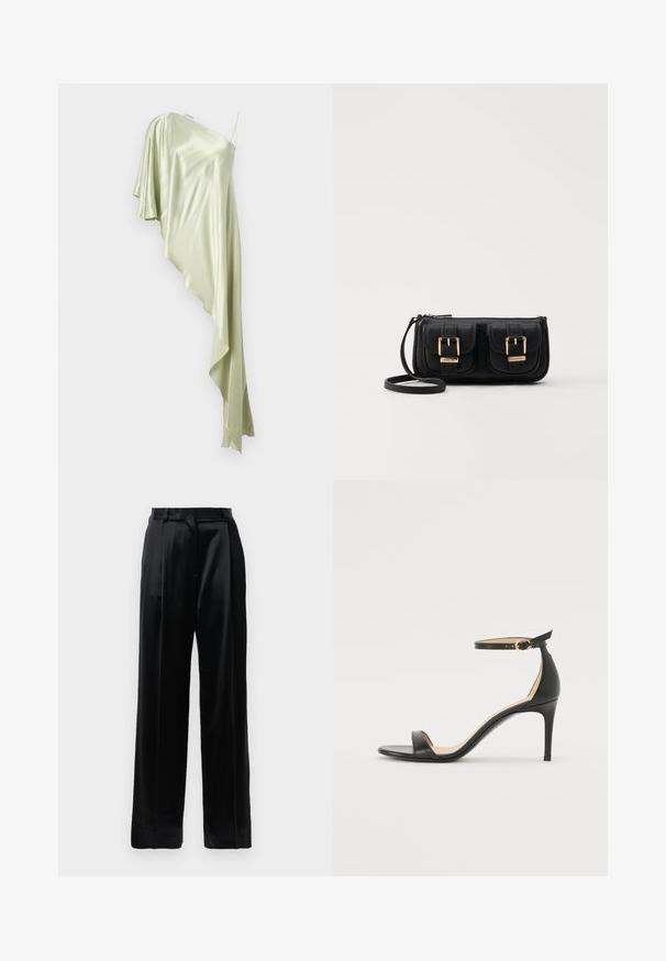 One-shoulder dress in light green satin, featuring a draped, asymmetrical design and soft, flowing fabric.; Black high-waist satin trousers with straight wide legs, belt loops, and a flat front closure against a plain white background.; Black leather high-heeled sandal with an ankle strap. Features a smooth texture, open toe, and a thin heel. Gold-toned buckle detail.; Black leather crossbody bag with two front pockets, gold buckles, zipper closure, and a slim strap. Textured surface and compact rectangular shape.