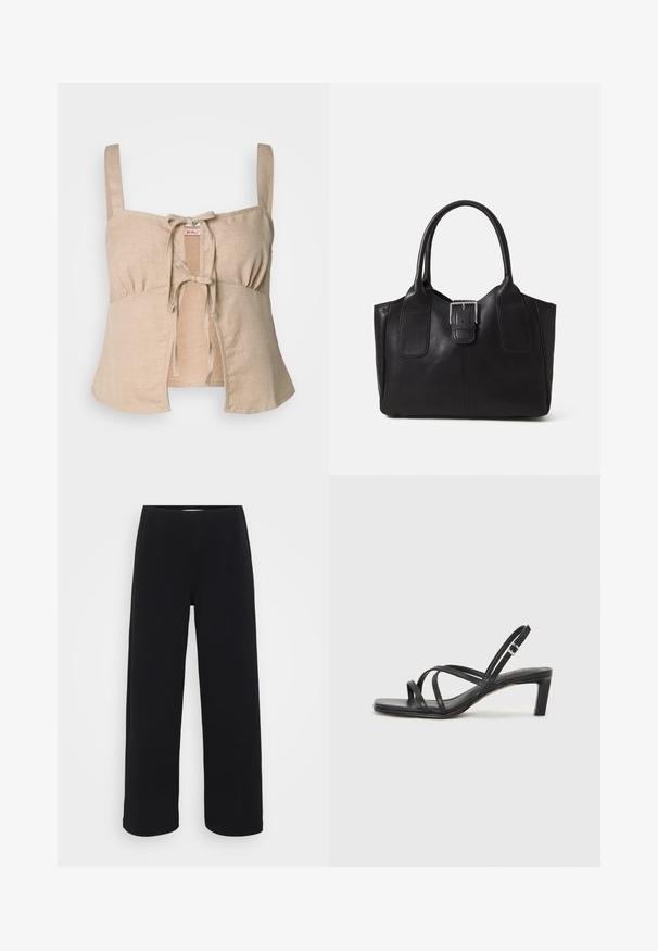 Beige linnen crop top met dunne bandjes en een sluiting met een strik aan de voorkant. Voorzien van geplooide details en een uitlopende zoom. Soepele textuur.; Zwarte wijde broek met een elastische tailleband. Gemaakt van een gestructureerd materiaal, met een losse pasvorm en rechte snit van heup tot zoom.; Zwarte sandaal met bandjes, vierkante teen en een lage blokhak. Voorzien van meerdere dunne bandjes en een verstelbare enkelband. Gemaakt van zacht leer.; Zwarte leren tote bag met een gladde textuur, gestructureerde vorm, twee handvatten en een opvallend zilveren sluitingdetail aan de voorkant.
