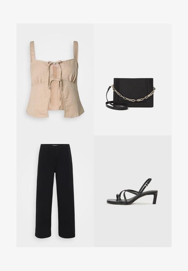 Bežs linu apgriezts tops ar plāniem siksniņām un priekšējo sasienamu aizdari. Izceļas ar savilktu detaļu un paplatinātu apakšējo daļu. Gluda tekstūra.; Melna platā kāju bikses ar elastīgu jostu. Izgatavotas no teksturēta materiāla, ar brīvu piegriezumu un taisnu griezumu no gurniem līdz apakšmalai.; Melnas strappy sandales ar kvadrātveida purngaliem un zemu bloku papēdi. Ievērojamas ar vairākiem plāniem siksniņām un regulējamu potītes siksniņu. Izgatavotas no gludas ādas.; Melna ādas crossbody soma ar gludu faktūru, taisnstūrveida formu un metalizētu ķēdes detaļu priekšā. Iekļauta regulējama siksna.