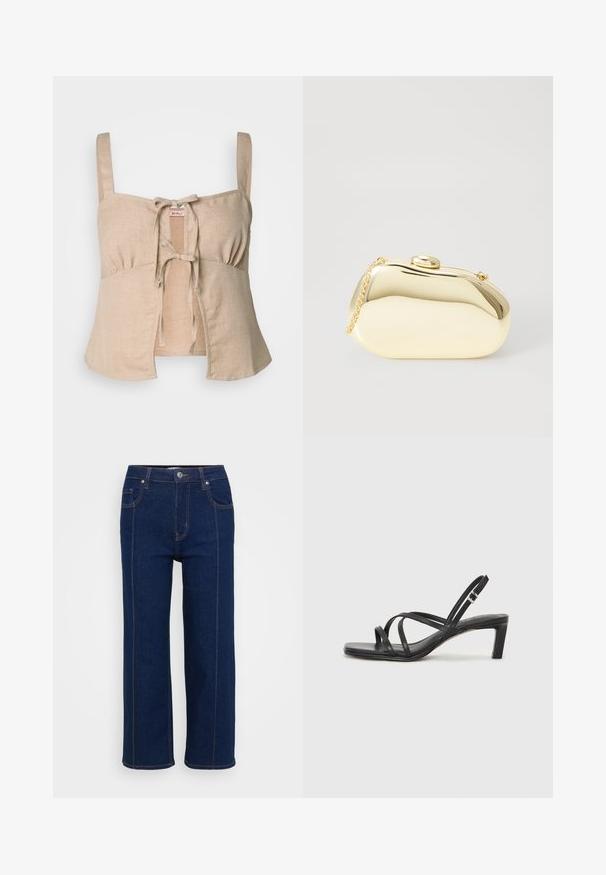 Beige linnen crop top met dunne bandjes en een sluiting met een strik aan de voorkant. Voorzien van geplooide details en een uitlopende zoom. Soepele textuur.; Donkerblauwe rechte jeans met knoopsluiting, voor- en achterzakken, en zichtbare oranje stiksels langs de naden.; Zwarte sandaal met bandjes, vierkante teen en een lage blokhak. Voorzien van meerdere dunne bandjes en een verstelbare enkelband. Gemaakt van zacht leer.; Metalen gouden clutch met een gladde, ronde vorm, voorzien van een bovenste knoopsluiting en een kleine kettingband om mee te dragen.