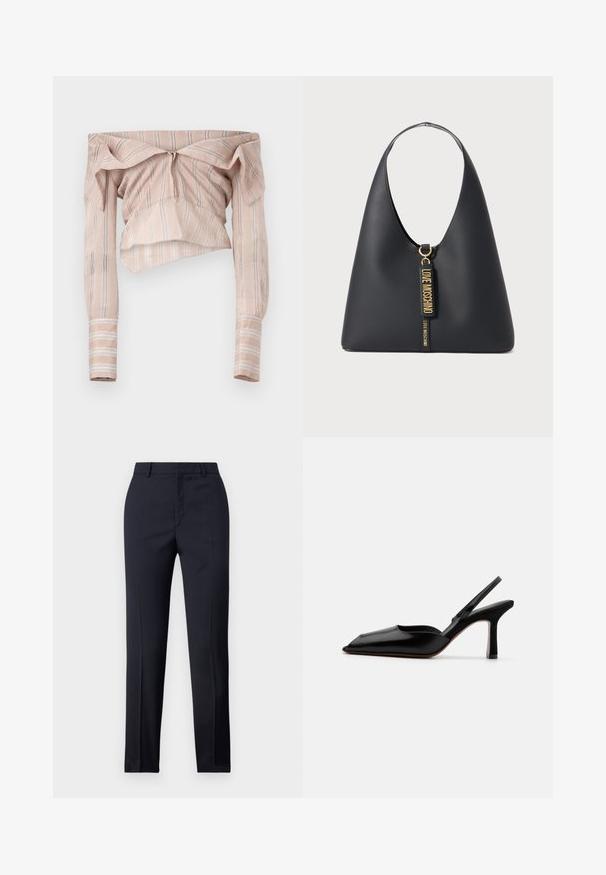 Top a spalla scoperta a righe in morbido tessuto rosa, con un davanti arricciato, maniche lunghe e strisce bianche decorative lungo le maniche.; Pantaloni tailored blu navy a gamba dritta, caratterizzati da una texture liscia, due tasche frontali e una vita pulita.; Décolleté nera in pelle con punta affusolata, design minimalista, sottile cinturino alla caviglia e tacco a stiletto elegante. Texture liscia.; Borsa a spalla in pelle nera con una ampia tracolla, dettagli dorati e due etichette pendenti con la scritta "LOVE MOSCHINO" in lettere dorate.