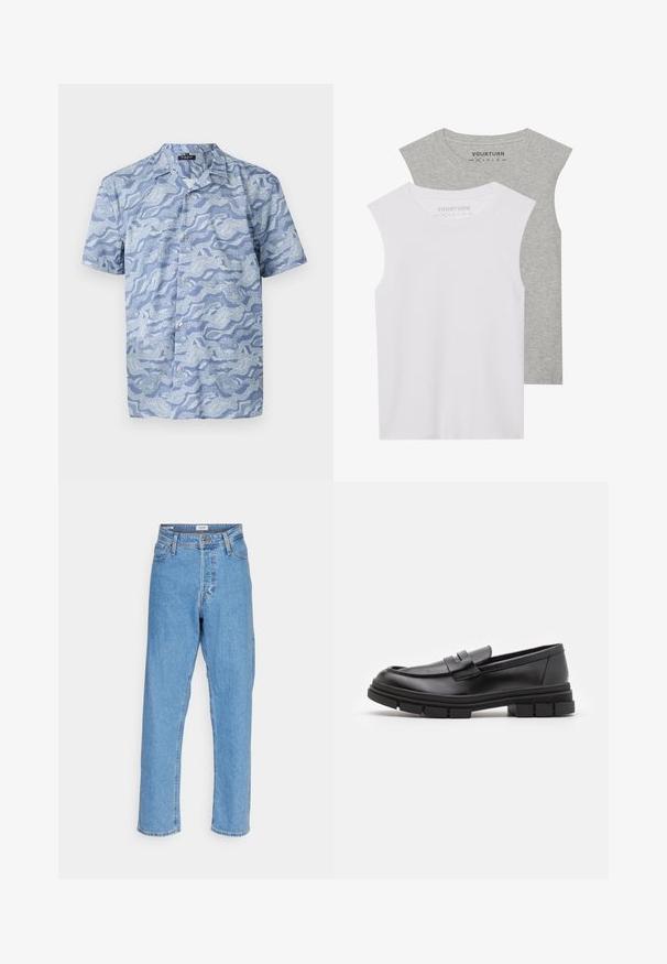 Lichtblauw overhemd met korte mouwen en een golfpatroon. Gemaakt van zachte stof, met een knopenfront en een kraag in camp-stijl.; Twee mouwloze tops: één wit en één lichtgrijs. Beide hebben een gladde, getailleerde uitstraling met een ronde halslijn. Etiket zegt "YOURTURN."; Lichtblauwe high-waisted recht gesneden jeans met een voorste knoop, ritssluiting, riemlussen en een vijf-pocket ontwerp op een witte achtergrond.; Zwarte leren instappers met een gladde afwerking, voorzien van een voorste banddetail en een stevige rubberen zool met gegroefde accenten.