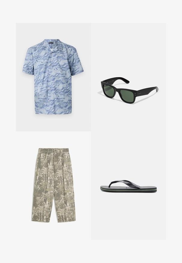 Košile s krátkým rukávem v světle modré barvě se vzorem vln. Vyrobena z měkkého materiálu, s knoflíkovým zapínáním a límcem ve stylu kempu.; Kargo kalhoty s širokými nohavicemi v zeleném a béžovém maskáčovém vzoru s listy a kůrou, se zapínacími kapsami a poutky na pás.; Černé žabky s texturovanou stélkou, tenkými popruhy a gumovou podešví, která má zelenou a modrou akcentovou linku podél základny.; Černé obdélníkové sluneční brýle se zelenými skly, matným povrchem, nenápadnými kovovými akcenty a Embosovaným logem na stranicích.; Olivově zelená taška přes rameno s dvojitými uchy a nastavitelným ramenním popruhem. Obsahuje hlavní zipovou přihrádku a přední zipovou kapsu.