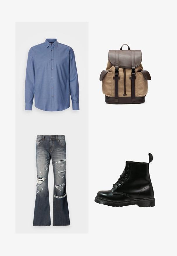 Camisa azul claro de botões com colarinho regular, mangas longas e padrão texturizado pequeno. Apresenta botões castanhos na parte da frente.; Jeans flare em denim azul escuro com rasgos desfiados e detalhes desgastados na parte da frente. Possui cinco bolsos e fecho com botão.; Bota de couro preto com bico arredondado, design com atacadores, seis ilhós e sola de borracha texturizada. Inclui uma aba na parte de trás.; Mochila de tela em tom bege com detalhes em couro castanho. Apresenta uma aba superior, alças ajustáveis e dois bolsos laterais. Forma retangular, design robusto.