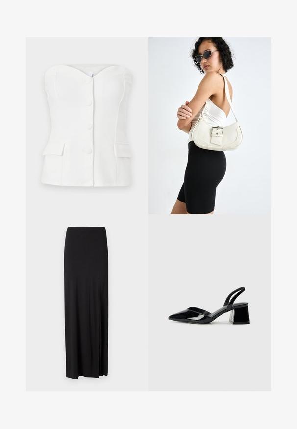 Valge ilma õlakupradega top, millel on südamekujulise dekoltee, nupuga esiosa ja kaks esikotid, valmistatud siledast kangast.; Must vest musta pehmeast ja venivast materjalist. Omab külgsuunda lõhet ja lihtsat, voolujoonelist disaini ilma kaunistusteta.; Mustad musta lakknahk kingad, millel on terav varvas ja geomeetriline plokkkonts. Omab elegantselt minimalistlikku disaini ja sujuvat tekstuuri.; Valge nahast käekott, millel on kõver kuju, reguleeritav rihm ja väike nööbiga detail. Mudel kannab sobivat musta kostüümi.