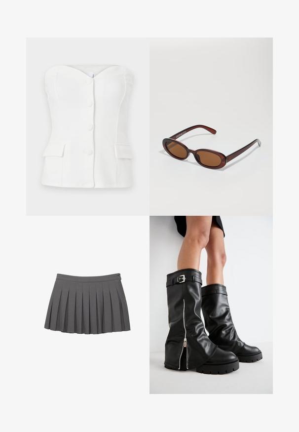Bílé bezramínkové tričko s láskyplným výstřihem, se zapínáním na knoflíky vpředu a dvěma předními kapsami, vyrobené z hladké tkaniny.; Šedá plisovaná mini sukně s knoflíkovým pasem a malou logo ozdobou na pravé straně.; Černé kožené holínky do výšky kolen s širokou holení, s bočním zipem a akcentem na přezku, texturovaným povrchem a robustní gumovou podrážkou.; Kulaté sluneční brýle hnědé barvy s lesklým burgundským rámem. Úzké nožičky s jemným logem. Rovné čočky.; Hnědá semišová hobo taška s měkkým, volným tvarem, která má jeden ramenní popruh a jemné švy podél okrajů.