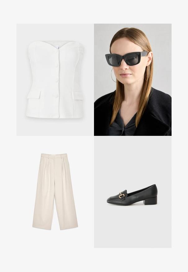 Balts bez piedurknēm tops ar sirds formu, ar pogu priekšpusi un divām priekšējām kabatām, izgatavots no gludas auduma.; Beige platā kāju bikses ar krokām, ar gludu tekstūru un jostas cilpām. Pielāgota piegriezuma, nodrošinot vaļīgu piegulšanu ap kājām.; Melnas ādas loafers ar plakanu papēdi, kurām priekšā ir dekoratīvs zelta aparatūras elements un gluda tekstūra.; Melna kaķa acs saulesbrilles ar tumšiem objektīviem, bieziem rāmjiem un smalkiem akcentiem. Valkātas ar melnu mēteļi un pelēku augšu, ar garām taisnām matiem.