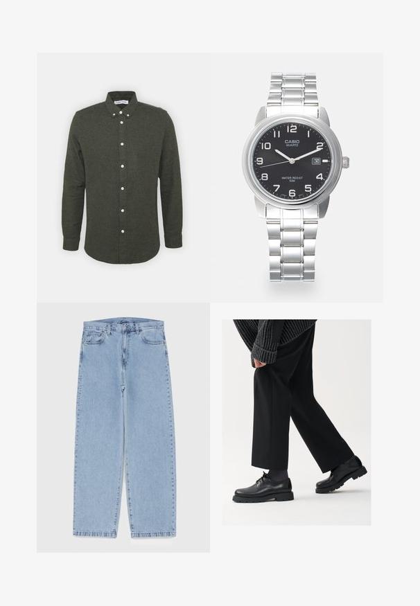 Donkergroene overhemd met kraag, lange mouwen en witte knopen. Zachte, gestructureerde stof met een licht gebogen zoom.; Lichtblauwe denim jeans met een recht model, voorzien van een middelhoge taille, vijf zakken en een knoop- en ritssluiting.; Zwarte leren schoenen met een afgeronde neus, vetersluiting en een dikke, getextureerde zool. Draagt een gepaste zwarte broek en een geribbelde trui.; Kwarts horloge met een zilveren roestvrijstalen band, ronde zwarte wijzerplaat, witte uurmarkeringen en een datumaanduiding op 3 uur. Waterbestendig tot 50 meter.