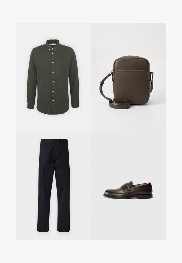 Donkergroene overhemd met kraag, lange mouwen en witte knopen. Zachte, gestructureerde stof met een licht gebogen zoom.; Zwarte cargobroek van stevig materiaal, met een rechte pijp, twee zijzakken en een knoopsluiting bij de taille.; Calvin Klein Instappers - cocoa brown; Bruine leren schoudertas met een gestructureerd oppervlak, rechthoekige vorm, voorzak met rits en verstelbare schouderband. Logo weergegeven aan de voorkant.