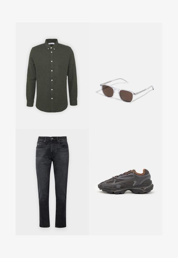 Chemise boutonnée vert foncé avec un col, des manches longues et des boutons blancs. Tissu doux et texturé avec un ourlet légèrement arrondi.; Jean en denim noir avec une coupe droite, présentant un design à cinq poches et une fermeture à glissière. Dégradé subtil et détails de couture sur les poches.; Baskets Lacoste en gris foncé, en matériau mesh et synthétique, avec une semelle texturée et des accents marron sur le col et le branding.; Lunettes de soleil en plastique transparent avec des verres marron rectangulaires, dotées de branches fines et transparentes ainsi que d'accents en métal sur les tempes.