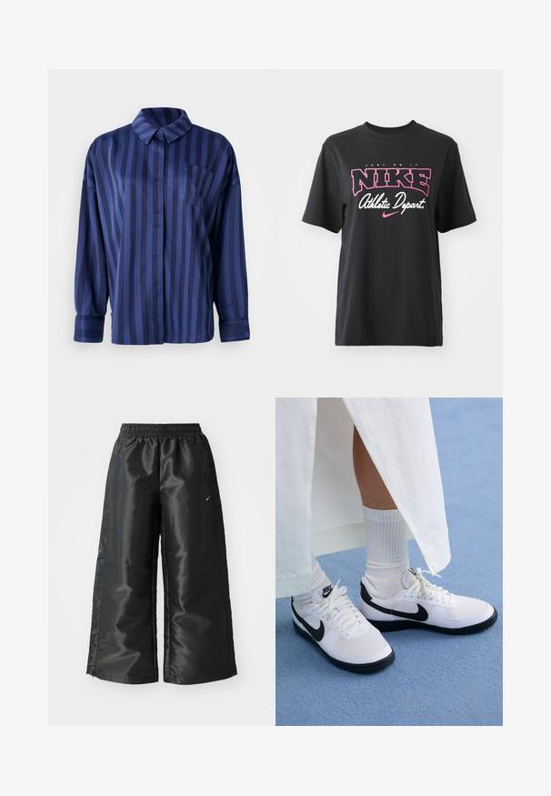 Ναυτικό μπλε ριγέ πουκάμισο με γιακά, τσέπη στο στήθος και μακριά μανίκια. Φτιαγμένο από μία λεία, γυαλιστερή ύφασμα με άνετη εφαρμογή.; Μαύρο βαμβακερό T-shirt με γραφικό τύπωμα σε ροζ και λευκό που περιλαμβάνει το κείμενο "JUST DO IT," "NIKE," και "Athletic Depart." Κανονική εφαρμογή.; Μαύρο αθλητικό παντελόνι με γυαλιστερό, λείο ύφασμα, διαθέτει ελαστική μέση, φαρδιά πόδια και ένα μικρό λογότυπο στην αριστερή πλευρά.; Λευκά αθλητικά παπούτσια Nike με μαύρες λεπτομέρειες, διαθέτουν μαλακό επάνω μέρος από δέρμα, λευκές κορδόνες και ανθεκτικές σόλες από καουτσούκ, σε συνδυασμό με λευκές ριγωτές κάλτσες.