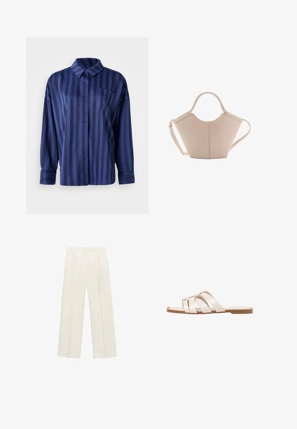Navyblaue gestreifte Bluse mit Kragen, Brusttasche und langen Ärmeln. Hergestellt aus einem glatten, glänzenden Stoff mit lockerer Passform.; Weit geschnittene Hosen in einem hellen cremefarbenen Farbton. Hergestellt aus einem glatten Stoff mit Falten an der Vorderseite und seitlichen Taschen.; Flache Sandalen mit einer honigfarbenen Gummisohle, gestaltet mit drei überlappenden weißen Lederriemen und einem kleinen Schleifendetail in der Mitte.; Beige Lederhandtasche mit einer einzigartigen Form, die zwei kurze Henkel und einen langen verstellbaren Riemen aufweist. Glatte Textur mit minimalen Hardware-Elementen.