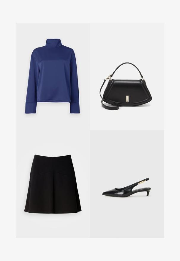 Haut à manches longues bleu marine avec un col montant haut. Fabriqué en tissu lisse, il présente des manches raglan et des ourlets à boutons. Design simple et sans embellissements.; Jupe noire évasée en tissu doux, avec une taille ajustée et des coutures décoratives. Texture lisse avec un design simple et classique.; Talons hauts en cuir noir avec un bout pointu, dotés d'un talon fin et d'un accent en ton or sur la lanière réglable. Texture lisse.; Sac à main en cuir noir avec un design structuré, featuring une forme cropped, une poignée supérieure et des accents en matériel doré. Bandoulière réglable incluse.