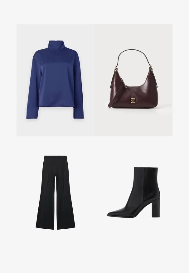 Granatowa, długozwlekana bluzka z wysokim kołnierzem. Wykonana z gładkiego materiału, ma rękawy raglanowe i mankiety zakończone ściągaczem. Prosty, nieozdobiony design.; Czarne spodnie o szerokich nogawkach z gładką teksturą, z przodu ozdobione zakładkami i skrojonym fasonem. Materiał jest lekki i zwiewny.; Czarny skórzany botek za kostkę z ostrywnym noskiem, kwadratowym obcasem, gładką fakturą oraz detalami szycia wzdłuż szwów. Wysokość obcasów wynosi około 3,5 cala.; Burgundowa skórzana torebka o zaokrąglonym kształcie, z złotymi akcentami na elementach metalowych oraz zamknięciem na zamek błyskawiczny. Posiada odpinany pasek na ramię.