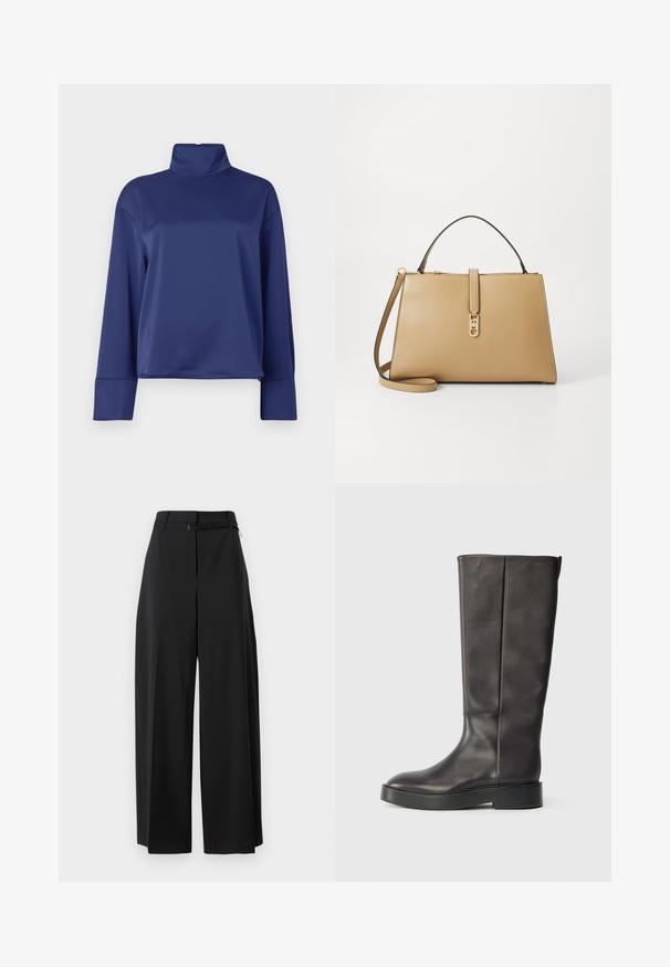 Tamno plavi dukserica dugih rukava s visokim ovratnikom. Izrađena od glatkog materijala, s raglan rukavima i manžetama. Jednostavan, neukrašen dizajn.; Crne široke hlače s visokim strukom i remenom. Imaju glatku teksturu i čiste linije, dizajnirane za opušteni kroj.; Crne kožne čizme do koljena s debelim đonom i suptilnim Calvin Klein logotipom blizu gornje ivice, prikazane sa strane.; Tommy Hilfiger LIBRE SATCHEL - Ručna torba - safari