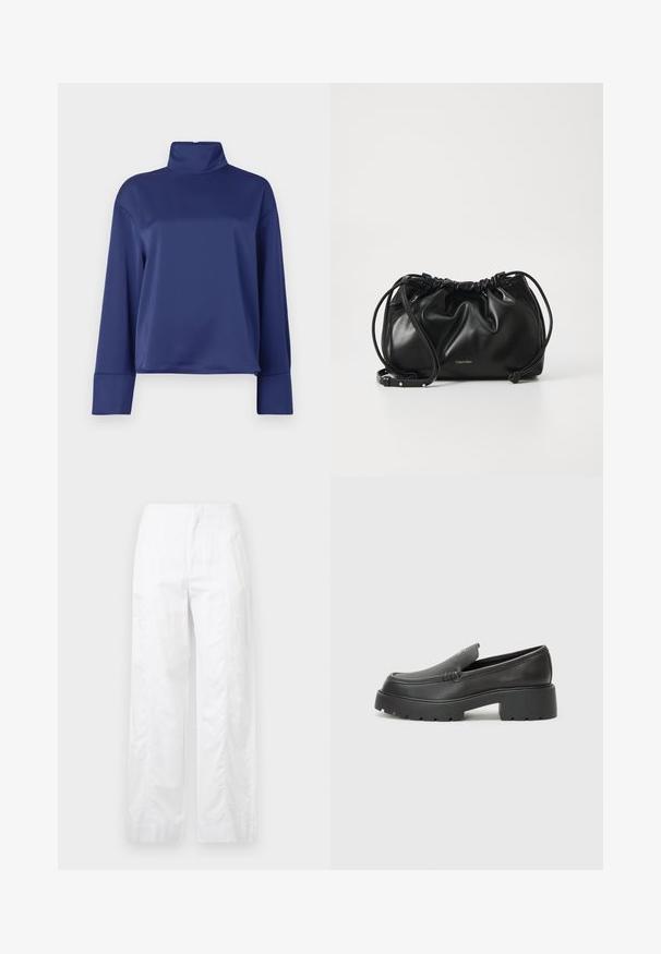 Navy blue long-sleeve top with a high mock neck. Made of smooth fabric, features raglan sleeves and cuffed hems. Simple, unembellished design.; White wide-leg trousers made of lightweight fabric, featuring a smooth texture, clean lines, and a high waist design.; Black leather loafers with a rounded toe, thick textured sole, and minimal stitching details. Sleek design with no visible laces or hardware.; Black leather handbag with gathered design, dual drawstring closure, and detachable shoulder strap. Features metallic logo detail.