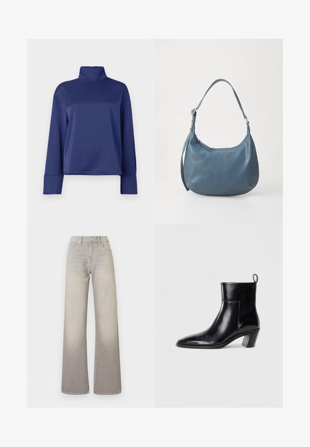 Top de manga larga azul marino con cuello alto tipo mock. Hecho de tela suave, cuenta con mangas raglán y puños con dobladillo. Diseño simple y sin adornos.; Jeans de pierna ancha grises con un acabado desgastado, cierre de botón, diseño de cinco bolsillos y costuras decorativas a lo largo de las costuras.; Botín de piel negra hasta el tobillo con punta afilada, tacón apilado geométrico y una lengüeta en la parte posterior. Textura suave y diseño elegante.; Bolso de piel azul con forma redondeada, correa de hombro única, cierre de cremallera y nombre de la marca en relieve en la parte frontal. Textura suave.