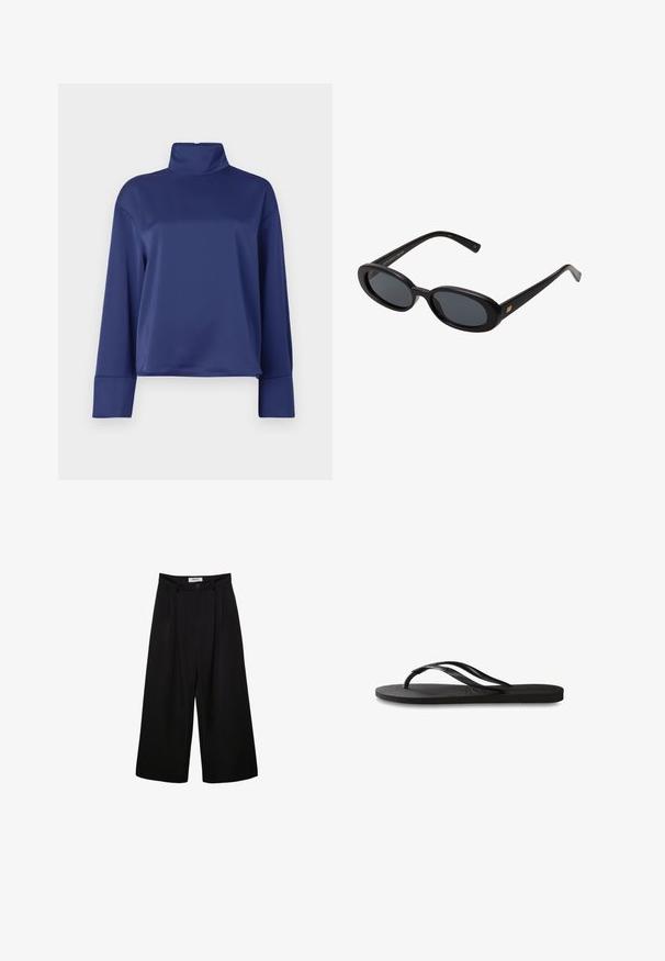 Marineblaues Langarmoberteil mit hohem Stehkragen. Hergestellt aus glattem Stoff, verfügt über Raglanärmel und umgekrempelte Säume. Schlichtes, unverschnörkeltes Design.; Schwarze weite Hosen mit hoher Taille, gefaltetem Vorderteil und Knopfverschluss. Aus glattem Stoff mit maßgeschneidertem Design.; Schwarze Flip-Flops mit einer strukturierten Gummisohle, zwei schlanken Riemen und einem dezenten, geprägten Logo-Detail auf dem Riemen.; Schwarze, oversized Sonnenbrillen mit ovalen Gläsern, glattem Kunststoffrahmen und goldenen Akzenten an den Bügeln. Die dunklen Gläser bieten Sonnenschutz.; Tote-Bag im Tigermuster, mit beigem Grund und schwarzen Streifen, glatter Textur und schwarzen Akzenten. Verstellbarer Tragegurt enthalten.