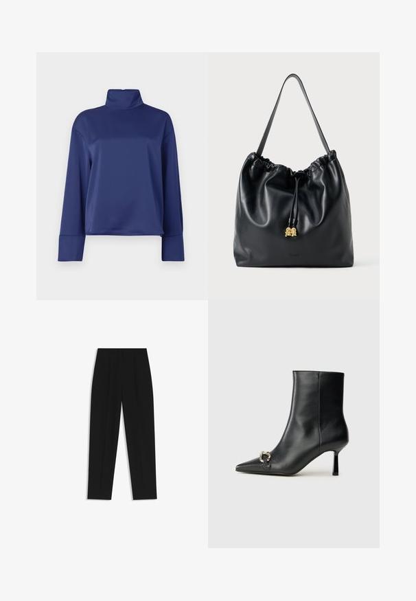 Mørkeblå langærmet trøje med høj stående krave. Fremstillet af glat stof, har raglanærmer og manchetter med opsprættede kanter. Enkel, udoverret design.; Sorte bukser med lige pasform, der har dobbelte folder, en glat tekstur og et klassisk taljedesign. Ingen synlige hardware eller accenter.; Sort læder ankelstøvle med spidse tæer, slank hæl i mellemhøjde og sølvspænde detaljer på siden mod en ensfarvet baggrund.; Sort lædertrækpose med en glat overflade, samlede top og subtilt guldfarvet hardware. Har en enkelt robust rem og prægede logo.