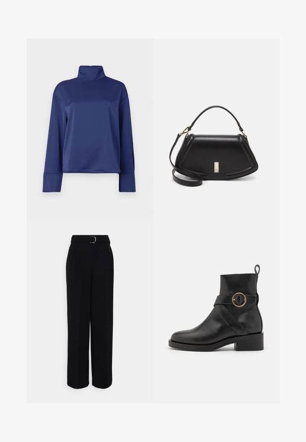 Marineblaues Langarmoberteil mit hohem Stehkragen. Hergestellt aus glattem Stoff, verfügt über Raglanärmel und umgekrempelte Säume. Schlichtes, unverschnörkeltes Design.; Schwarze maßgeschneiderte Hose mit weit auslaufendem Schnitt, ausgestattet mit einem Gürtel mit einer silbernen Schnalle, Falten und einer glatten Stofftextur.; BOSS IRYNA BOOTIE - Plateaustiefelette - black; Schwarze Lederhandtasche mit einem strukturierten Design, das eine verkürzte Form, einen oberen Griff und goldfarbene Hardware-Details aufweist. Verstellbarer Schulterriemen ist enthalten.