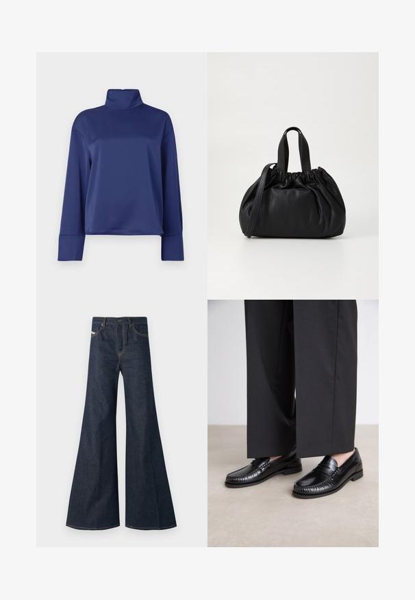 Tumedast sinise pikkade varrukatega ülikond, millel on kõrge mock kaelus. Valmistatud siledast kangast, raglaanvarrukatega ja mansettidega. Lihtne, kaunistusteta disain.; Tumedat sinavad teksad, mille sirge lõige, kõrge vöökoht, kuldne tikand ja kaks esitaskut nupuga.; Mustadest nahast loaferdest on sile pind, õmmeldud detaile varvaste ümber ja madal kummitald. Kombineeritud laia musta pükste jaoks.; Mustmust mustkott mustrihmaga ülaosa disainiga, millel on kaks lühikest käepidet ja pikk reguleeritav rihm. Sile tekstuur, ümar kuju.