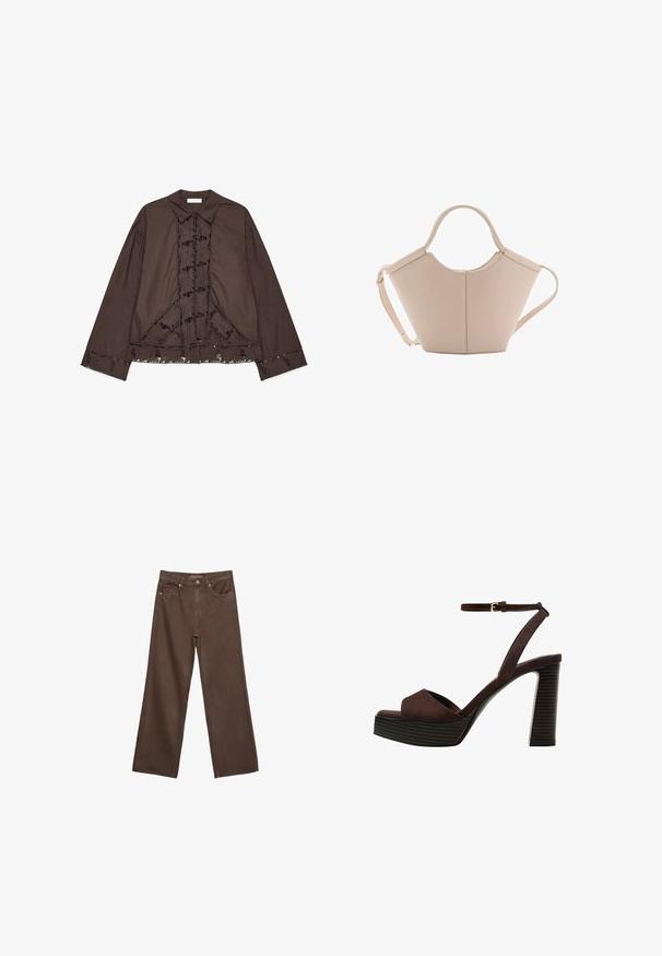 Brown long-sleeve shirt made of cotton with floral lace detailing on the front and hem. Features a classic collar and loose fit design.; Wide-leg brown jeans made of denim, featuring a high waist, front pockets, and a classic button closure. Smooth texture with subtle stitching.; Brown suede high-heeled sandal with an open toe, adjustable ankle strap, and a striped platform sole.; Beige leather handbag with a unique shape, featuring two short handles and a long adjustable strap. Smooth texture with minimal hardware.