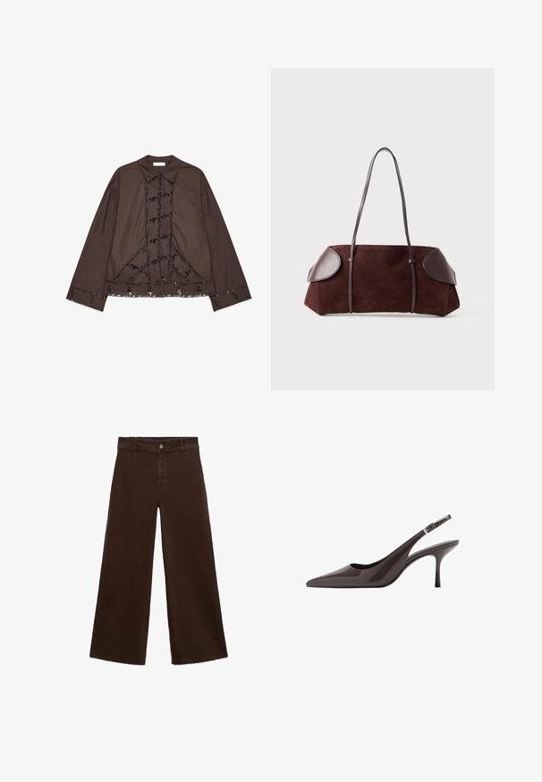 Lange bruine katoenen blouse met bloemenkantdetails aan de voorkant en onderkant. Voorzien van een klassieke kraag en een losse pasvorm.; Bruine wijde broek in katoenmix, met een rafelige zoom, sluiting met een knoop aan de voorkant en een klassieke vijf-pocketstijl. Minimalistisch en veelzijdig.; Puntige slingback hakken in donkerbruin lakleer, met een slanke hoge hak en een verstelbare enkelband met een gesp.; Bruine suède tas met leren accenten, gestructureerde vorm, dubbele schouderbanden en ronde randen, met een gladde textuur en minimale hardware.