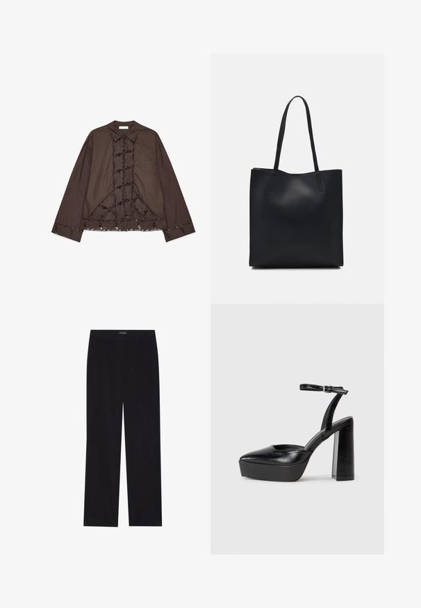 Brązowa bluzka z długim rękawem wykonana z bawełny, z koronkowymi detalami w kwiaty na przodzie i u dołu. Posiada klasyczny kołnierzyk i luźny krój.; Czarne spodnie z korduroju o prostym kroju, z płaskim pasem i bez widocznych kieszeni, gładką teksturą oraz pionowymi wypustkami.; Czarne platformy na wysokim obcasie z szpiczastym noskiem i regulowanym paskiem na kostkę. Wykonane z gładkiej skóry, z grubym słupkowym obcasem.; Czarna skórzana torba tote o gładkiej fakturze, prostokątnym kształcie i dwóch długich uchwytach. Brak widocznych elementów metalowych i ozdób.