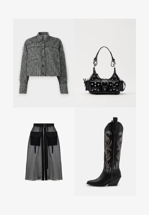Kratka jakna s črno-sivim ribjim kostmi, z gumbom spredaj, dolgimi rokavi in klasičnim ovratnikom, ki ima teksturiran puhast zaključek.; Črna prozorna krila z nabranim pasom, ki ima dva velika sprednja žepa, pas za zavezovanje in okroglo kovinsko dekoracijo.; Črne usnjene kavbojske čevlje s koničastimi prsti, klinastimi petami in srebrnimi vezeninami cvetnega vzorca po vsej dolžini. Kontrastno šivanje povsod.; Črna usnjena torbica s ukrivljenim dizajnom, ki vsebuje srebrne žebljičke, zaponko in dve stranski žepki. Nastavljiv trak za različne možnosti nošenja.