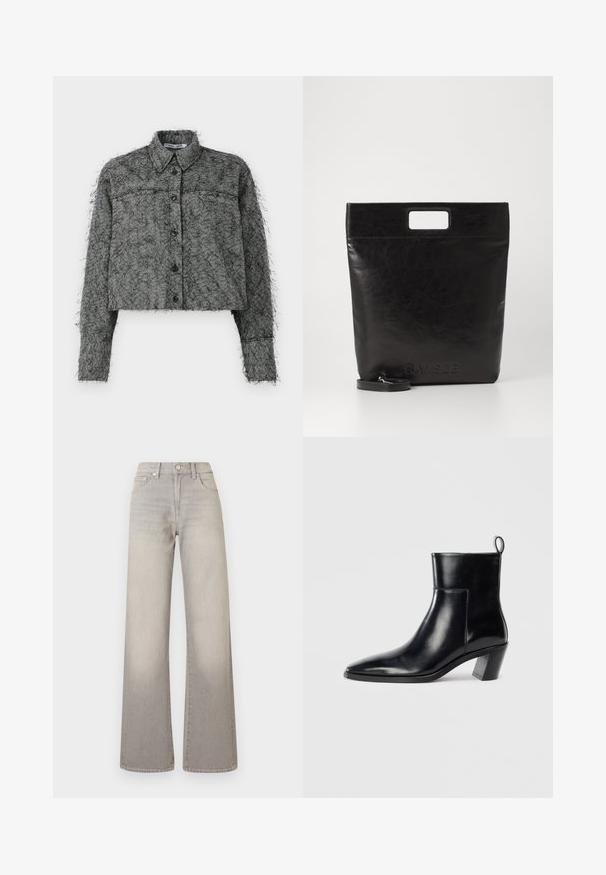 Czarna i szara, w kratkę herringbone, skrócona kurtka z zapięciem na guziki, długimi rękawami i klasycznym kołnierzem, z teksturalnym, puszystym wykończeniem.; Szare dżinsy o szerokich nogawkach z wyblakłym wykończeniem, zapięcie na guzik, pięć kieszeni oraz przeszycia wzdłuż szwów.; Czarne skórzane botki do kostki z wąskim noskiem, geometrycznie uformowanym, grubym obcasem oraz pętlą z tyłu. Gładka faktura i elegancki design.; Czarna skórzana torba na ramię z kwadratowym uchwytem, z teksturowanym wykończeniem i wytłoczonym logo. Zawiera odpinany pasek.