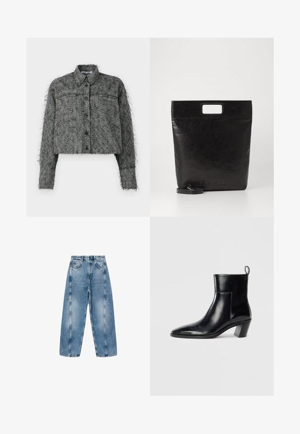 Schwarze und graue Fischgrät-muster cropped Jacke mit Knopfverschluss, langen Ärmeln und klassischem Kragen, der eine strukturierte, flauschige Oberfläche aufweist.; Hellblaue Denim-Jeans haben eine lockere Passform, große Taschen und kontrastierende Nähte. Der Stoff hat eine ausgeblichene Optik mit einer glatten Textur.; Schwarze Leder-Ankleboots mit spitzem Zeh, geometrischem Blockabsatz und einem Zugband hinten. Glatte Textur und elegantes Design.; Schwarze Leder-Tote-Tasche mit einem quadratischen Griff, ausgestattet mit einer strukturierten Oberfläche und geprägtem Logo. Inklusive abnehmbarem Tragegurt.