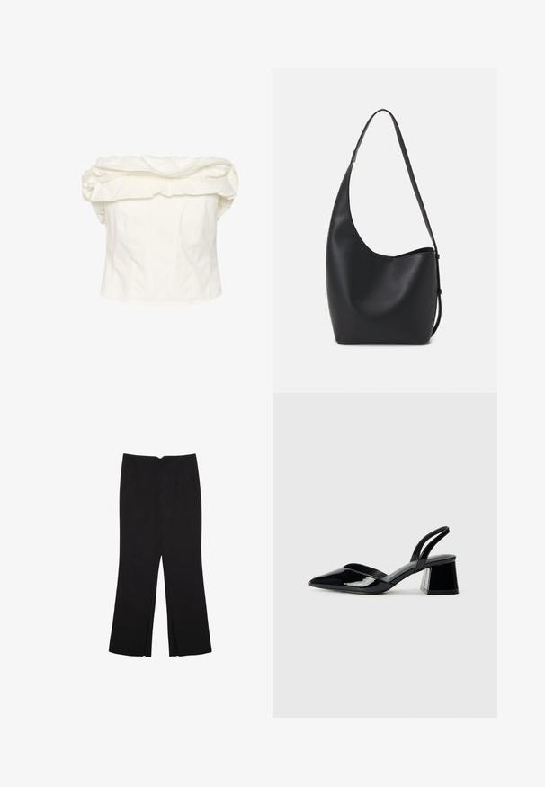White off-the-shoulder blouse with large ruffled neckline, fitted bodice, and vertical seams. Made of smooth fabric with a structured silhouette.; Black trousers with a straight fit, featuring front pockets and side slits at the hem. Made of soft, smooth fabric. Suitable for various occasions.; Black patent leather slingback heels with a pointed toe and a geometric block heel. Features a sleek, minimal design and smooth texture.; Black leather hobo bag with a smooth texture, curved shape, and single adjustable strap; features a wide opening at the top.