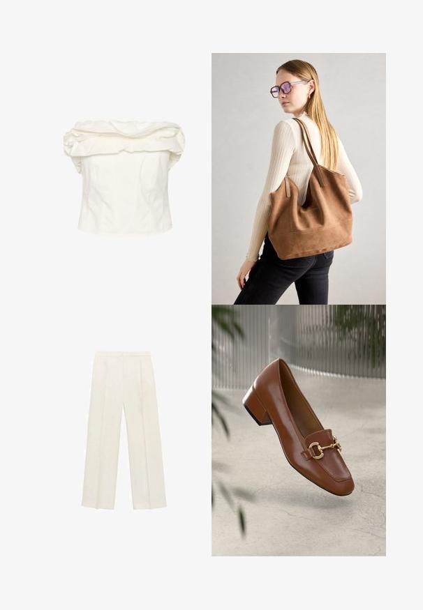 Weißes Off-Shoulder-Bluse mit großem, gerüschtem Kragen, tailliertem Oberteil und vertikalen Nähten. Hergestellt aus glattem Stoff mit strukturierter Silhouette.; Weit geschnittene Hosen in einem hellen cremefarbenen Farbton. Hergestellt aus einem glatten Stoff mit Falten an der Vorderseite und seitlichen Taschen.; Braune Lackleder-Loafer mit quadratischer Zehenpartie, metallischem Kettenakzent und niedrigem Blockabsatz; glatte Textur, minimalistisches Design.; Braune Wildleder-Tasche mit weicher Textur, großer Öffnung und langen Trägern. Sie verfügt über ein simples Design mit sichtbarem Stich und ohne Beschläge.
