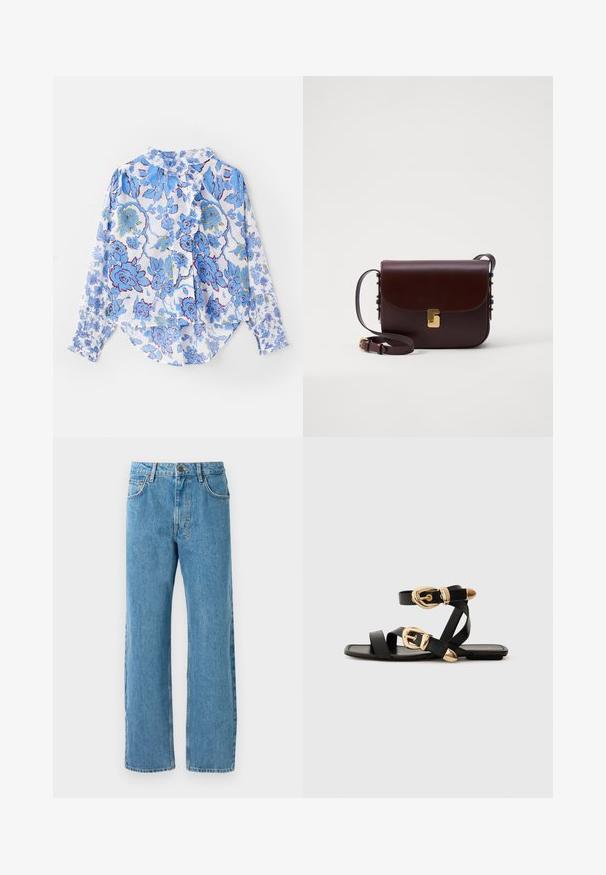 Long-sleeve button-up shirt in lightweight fabric featuring a blue floral pattern on a white background, with ruffled collar and cuffs.; Light blue denim jeans with a loose fit, featuring a high waist, four pockets, and a zipper fly. Classic five-pocket design.; Black leather sandals with gold buckle accents, featuring multiple straps and a flat sole design for open-toe wear.; Brown leather bag with a flap closure, gold accent hardware, and an adjustable strap. Features a smooth texture and a sleek rectangular shape.