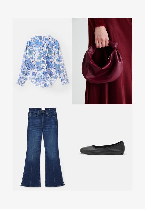 Camisa de botones de manga larga en tejido ligero con un patrón floral azul sobre fondo blanco, con cuello y puños con volantes.; Vaqueros acampanados de color azul oscuro, hechos de mezclilla. Presentan una cintura alta, bolsillos frontales y detalles de abertura en el dobladillo. Diseño clásico de cinco bolsillos.; Bailarina de piel negra con punta redondeada, textura suave, detalle de costura minimalista y diseño de suela flexible.; Bolso de cuero burdeos con un diseño suave y recogido y una forma redondeada. La asa está asegurada, mostrando una textura lisa.