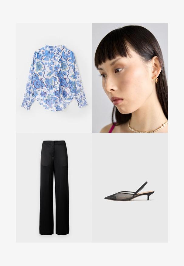 Langærmet skjorte med knaplukning i let stof, prydet med et blåt blomsterprint på hvid baggrund, med flæsekrave og -manchetter.; Bredbenede sorte bukser med en tekstureret overflade, der har en flad talje og to sidelommer. Stoffet ser let og strømmende ud.; NEOUS IRENA - Pumps - black; Guldørering i hoop-stil båret i højre øre, med et åbent design. Modellen har lige, mørkt hår og minimal makeup.