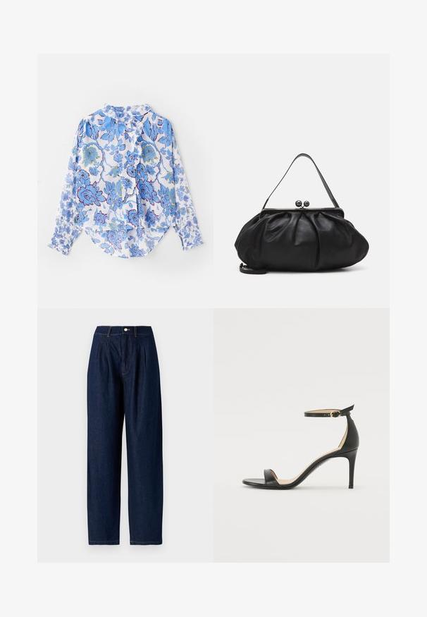 Hosszú ujjú, gombos ing könnyű anyagból, kék virágmintával fehér alapon, fodros gallérral és mandzsettával.; Sötétkék farmernadrág magas derékkal, széles lábakkal, elülső redőkkel, ezüst gombos záródással és sárga varrással.; Fekete bőr magassarkú szandál bokapánttal. Simább textúrájú, nyitott orrú és vékony sarkú. Arany színű csat részlet.; Fekete bőr kézitáska lekerekített, pliszírozott dizájnnal. Fémes zárja két dekoratív golyóval és egy vékony, lecsatolható pánttal rendelkezik.