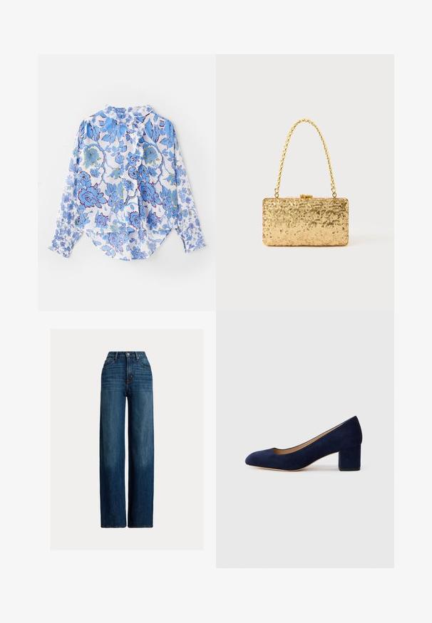 Camisa de botones de manga larga en tejido ligero con un patrón floral azul sobre fondo blanco, con cuello y puños con volantes.; Jeans de mezclilla de pierna ancha en azul oscuro. Presentan una cintura alta, cierre de botón y un diseño clásico de cinco bolsillos. Textura suave con desvanecido sutil.; Zapato de tacón de ante azul marino con punta afilada y tacón bloque de altura media. Textura suave con un ligero brillo y un pequeño corte en la parte delantera.; Clutch dorado de lentejuelas con forma rectangular, que presenta un asa de cadena trenzada y un cierre de metal, reflejando la luz con un acabado texturizado.
