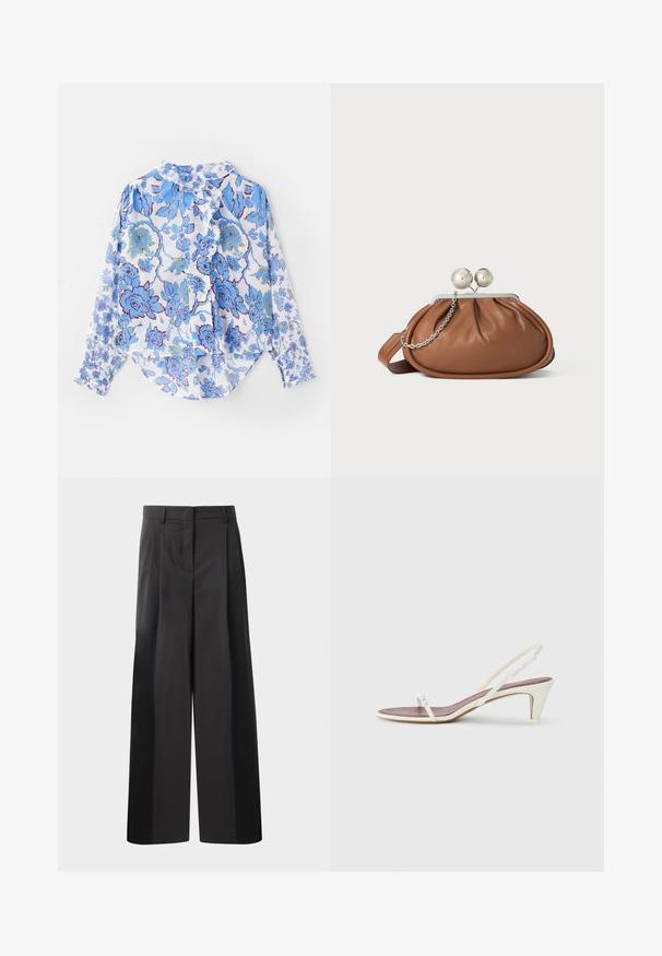 Long-sleeve button-up shirt in lightweight fabric featuring a blue floral pattern on a white background, with ruffled collar and cuffs.; Black wide-leg trousers with a high waist, featuring front pleats, a smooth texture, and a tailored finish. Designed for a relaxed fit.; White slingback sandals with a slight heel, thin straps, and a smooth leather texture; features a small decorative buckle.; Brown leather clutch purse with silver ball clasp and a small silver chain detail on a white background.