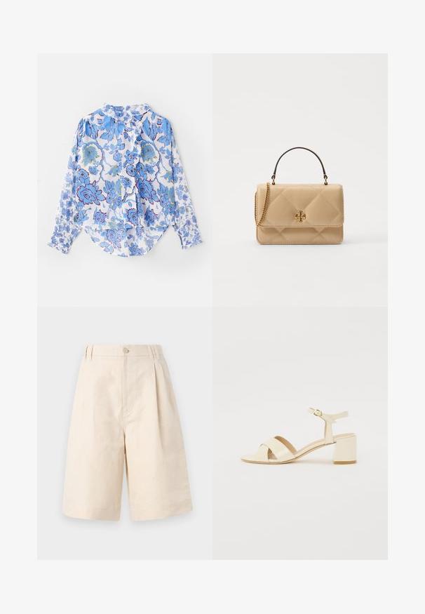 Lange mouw knoopshirt van lichtgewicht stof met een blauw bloemenpatroon op een witte achtergrond, met een gerimpelde kraag en manchetten.; Beige linnen shorts met een relaxte pasvorm, voorzien van een knoopsluiting, geplooid ontwerp en knie-lange snit. Glad textuur en eenvoudig stijl.; Beige gepolijst lederen sandalen met hakken, voorzien van een kruisbandontwerp, open teen, verstelbare enkelband en een blokhak. Gladde textuur.; Beige leren handtas met quilted patroon, gouden hardware, kettinghengsel en bovenhandgreep. Voorzien van een voorflap en kenmerkend logo detail.