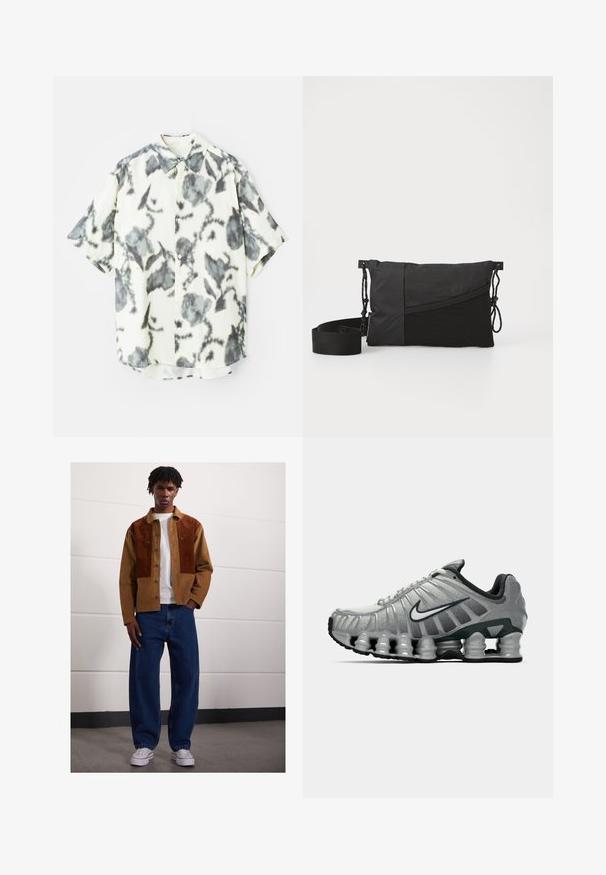 Kurzarmhemd aus cremefarbenem Stoff mit einem grauen Blumenmuster, mit Knopfleiste und klassischem Kragen.; Weißes Baumwoll-Trägershirt mit Rundhalsausschnitt, breiten Trägern und geradem Saum, das eine glatte Textur aufweist und keine sichtbaren Muster hat.; Mann steht drinnen und trägt eine braune Cordjacke mit Rostflecken, ein weißes T-Shirt, lockere blaue Jeans und weiße Sneakers.; Grauer und schwarzer Nike-Laufschuh mit sichtbarer federähnlicher Dämpfung unter der Sohle und einem weißen Swoosh-Logo an der Seite.; Schwarze Schultertasche aus strukturiertem Stoff, mit diagonaler Gestaltung, verstellbarem Riemen und Kordelzugverschluss an den Seiten.
