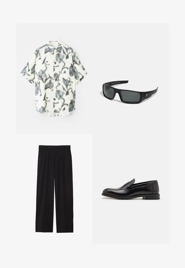 Cămașă cu mânecă scurtă dintr-un material crem, având un model floral gri, cu închidere cu butoane și guler clasic.; Pantaloni negri largi, cu un front plisat, buzunare laterale și o textură de țesătură netedă. Concepuți pentru o croială relaxată.; Mocasini din piele neagră cu o textură netedă, vârf rotund și o curea decorativă peste partea superioară. Toc mic, design minimalist.; Ochelari de soare negri cu rame dreptunghiulare, lentile gri închis și un finisaj din plastic neted. Accent de logo notabil pe lateral.