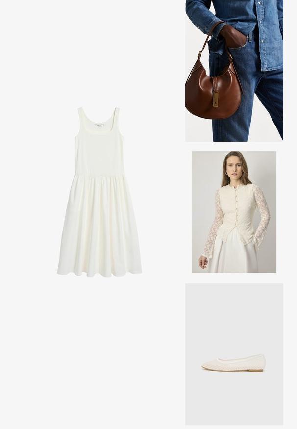 Crème-kleurige kant blouse met lange, doorzichtige kantmouwen, ronde halslijn en knoopdetails aan de voorkant. Uitlopende silhoutte.; Witte mouwloze jurk van zachte, lichte stof. Heeft een vierkante halslijn en een geplooide rok, wat zorgt voor een comfortabele pasvorm.; Witte platte schoen met een mesh-design, een spitse neus en een lage, platte zool. Getextureerde bovenkant met een soepele voering en subtiele contrasterende afwerking.; Bruine leren hobo tas met een rondvorm, voorzien van een gouden hardwareaccent en contrasterende stiksels. Gecombineerd met een denim shirt en jeans.